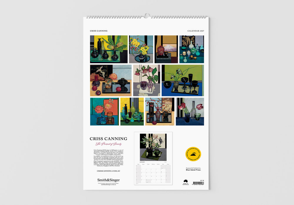 Wall calendar with various images of vases and flowers on a white background