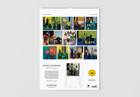 Wall calendar with various images of vases and flowers on a white background