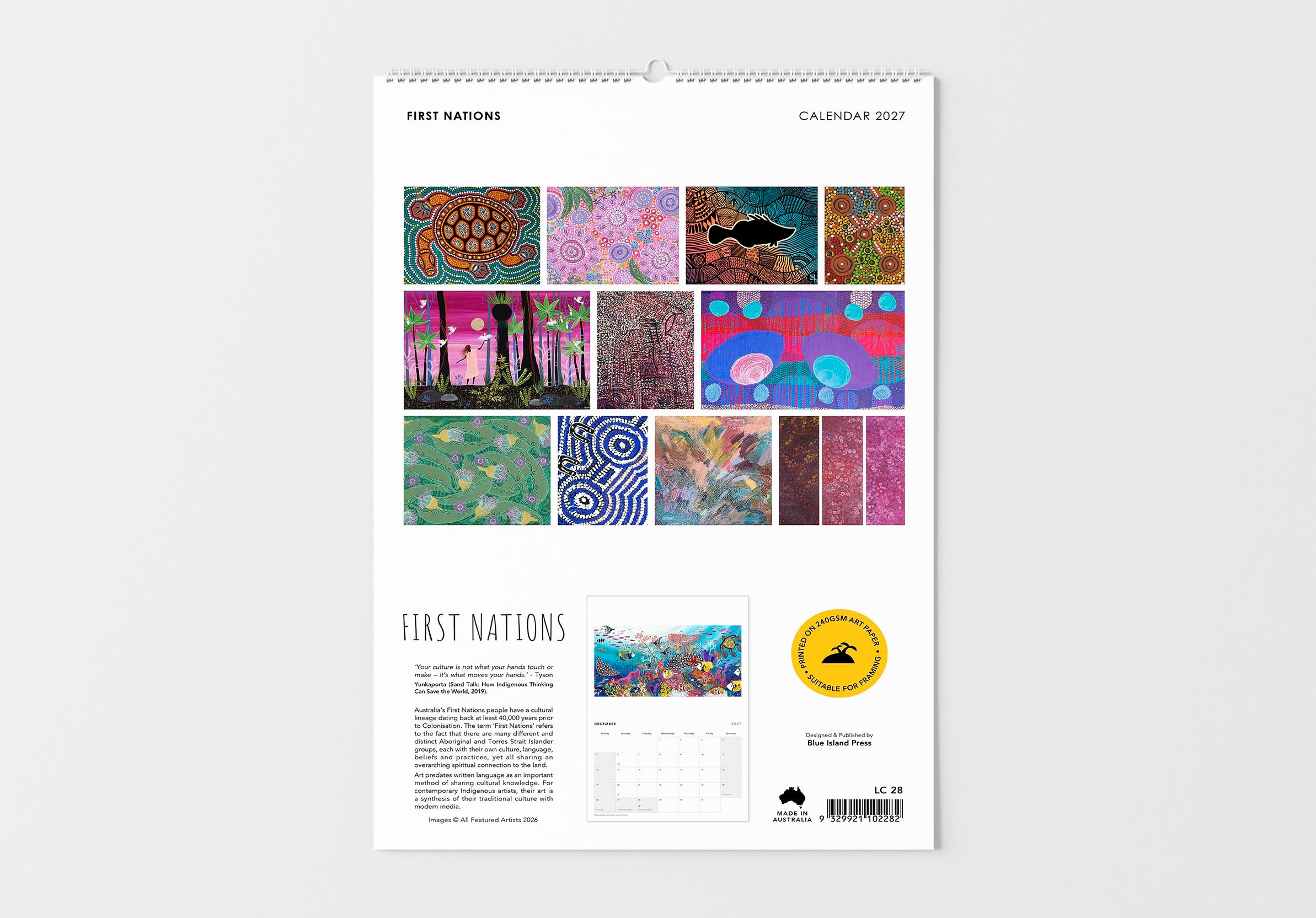 Calendar with First Nations art on a white background