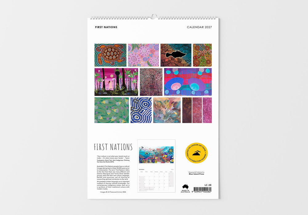 Calendar with First Nations art on a white background