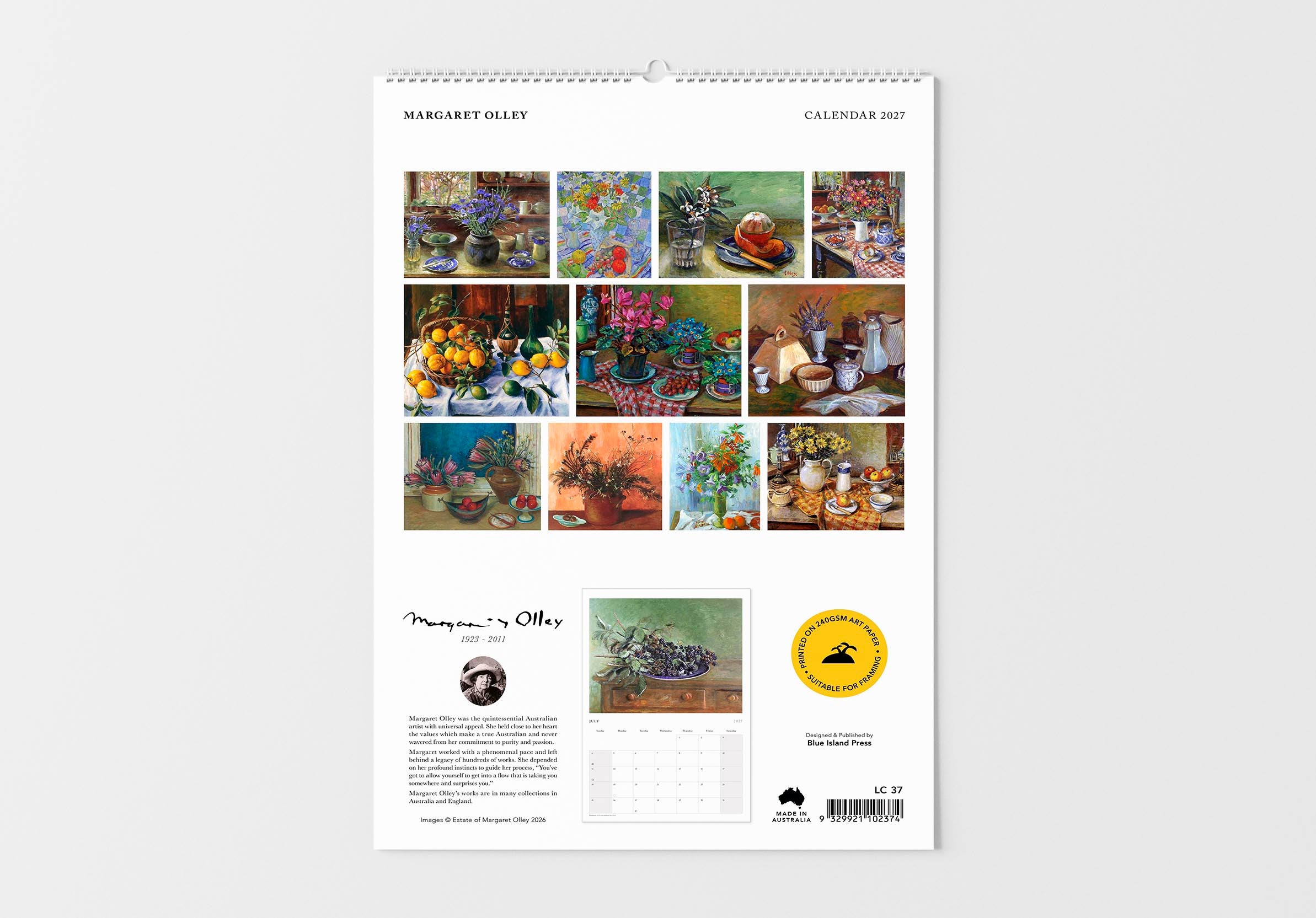 Wall calendar with various art pieces on a white background