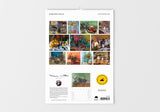 Wall calendar with various art pieces on a white background