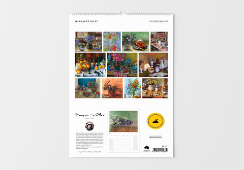 Wall calendar with various art pieces on a white background