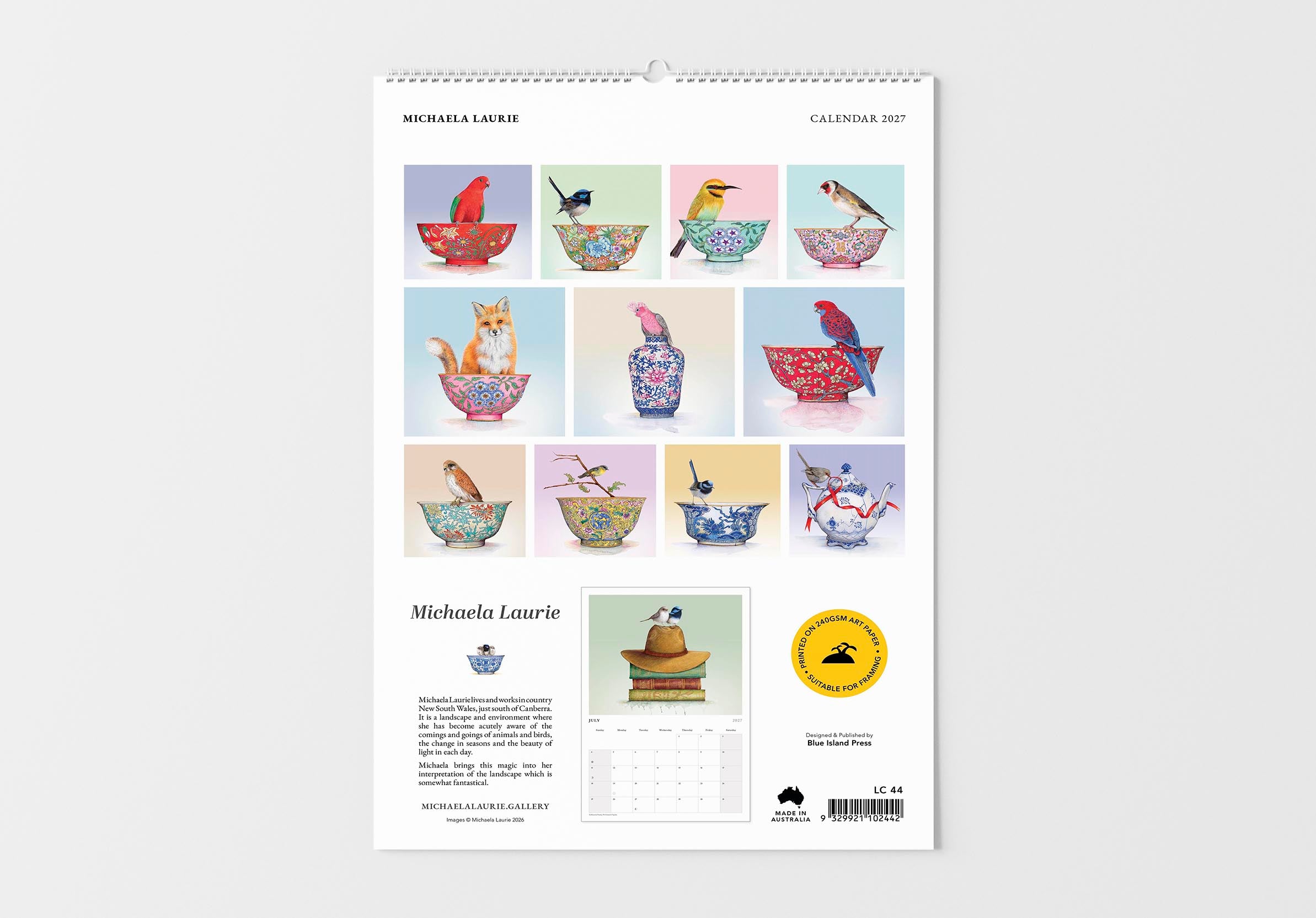 Calendar with illustrations of animals in teacups on a white background