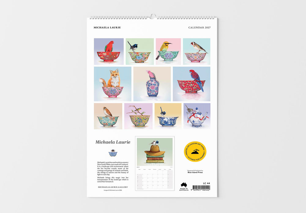 Calendar with illustrations of animals in teacups on a white background