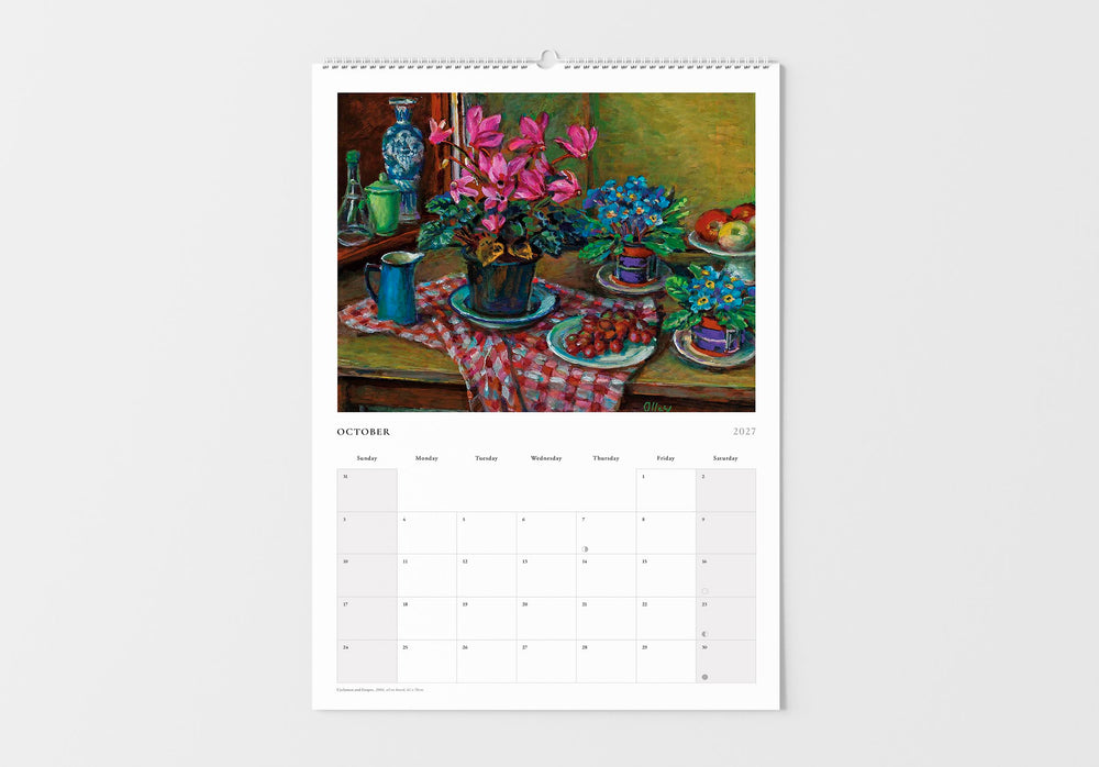Calendar with a still life painting of flowers and fruit on a table, displayed on a white wall.