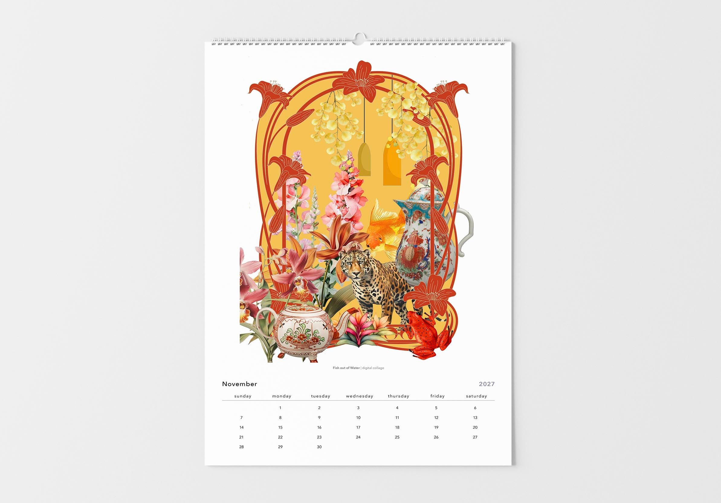 Decorative calendar with art nouveau design featuring animals and flowers on a white background
