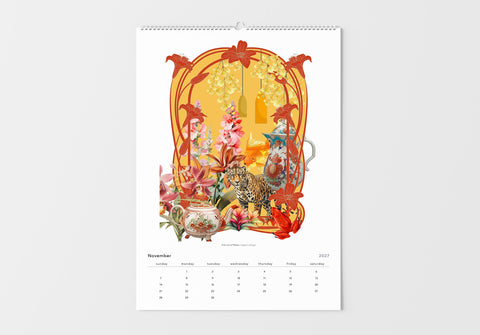 Decorative calendar with art nouveau design featuring animals and flowers on a white background
