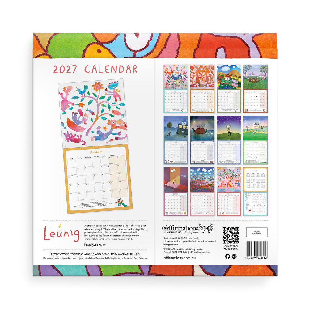 Back view of a 2027 wall calendar package, showing colorful illustrated cover art, a sample monthly page, a grid of included calendar pages, and product details on a white background.