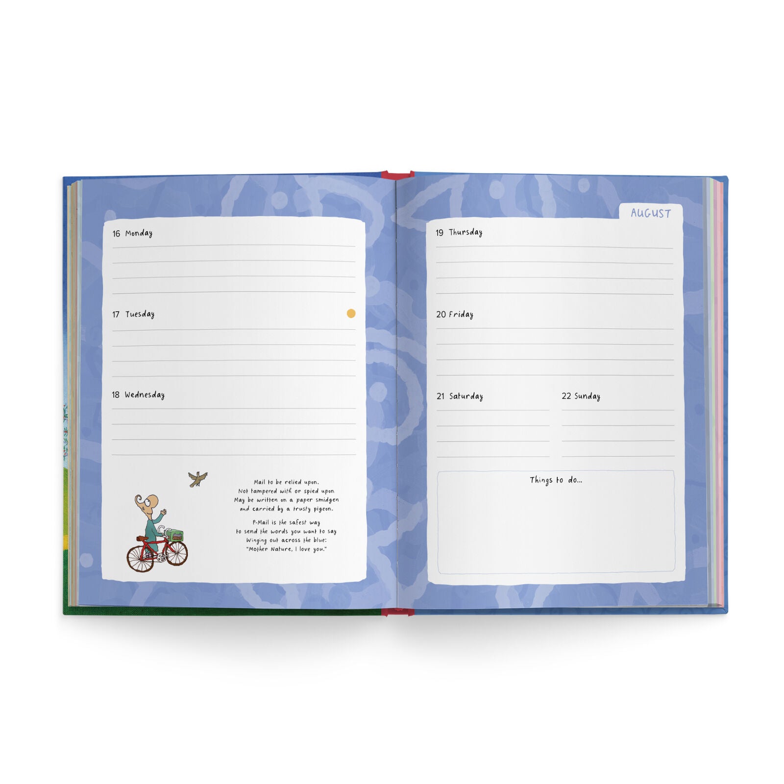 An open weekly planner spread showing two white daily log pages on a blue patterned cover, photographed from above on a light gray background.