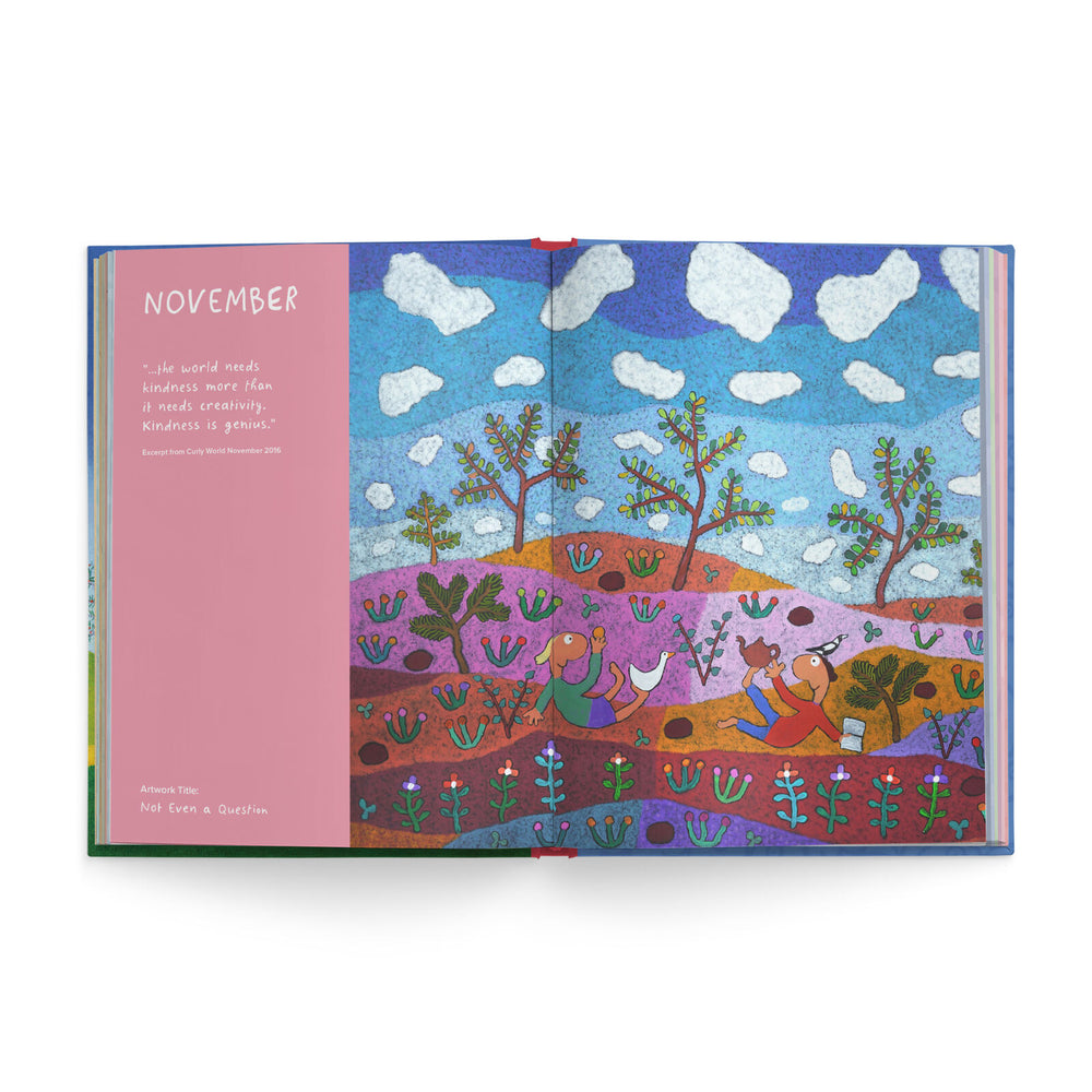 An open children's book spread showing a colorful illustrated landscape with hills, trees, clouds, and animals under a blue sky, alongside a pink November page with text on the left.