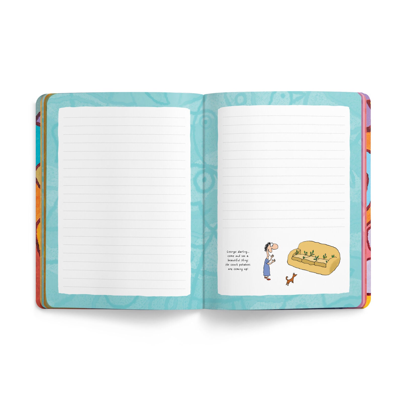 An open lined notebook or journal with a turquoise patterned cover, shown against a plain white background. The right page has a small cartoon illustration of a woman watering flowers beside a yellow bench, with a short caption.