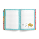 An open lined notebook or journal with a turquoise patterned cover, shown against a plain white background. The right page has a small cartoon illustration of a woman watering flowers beside a yellow bench, with a short caption.