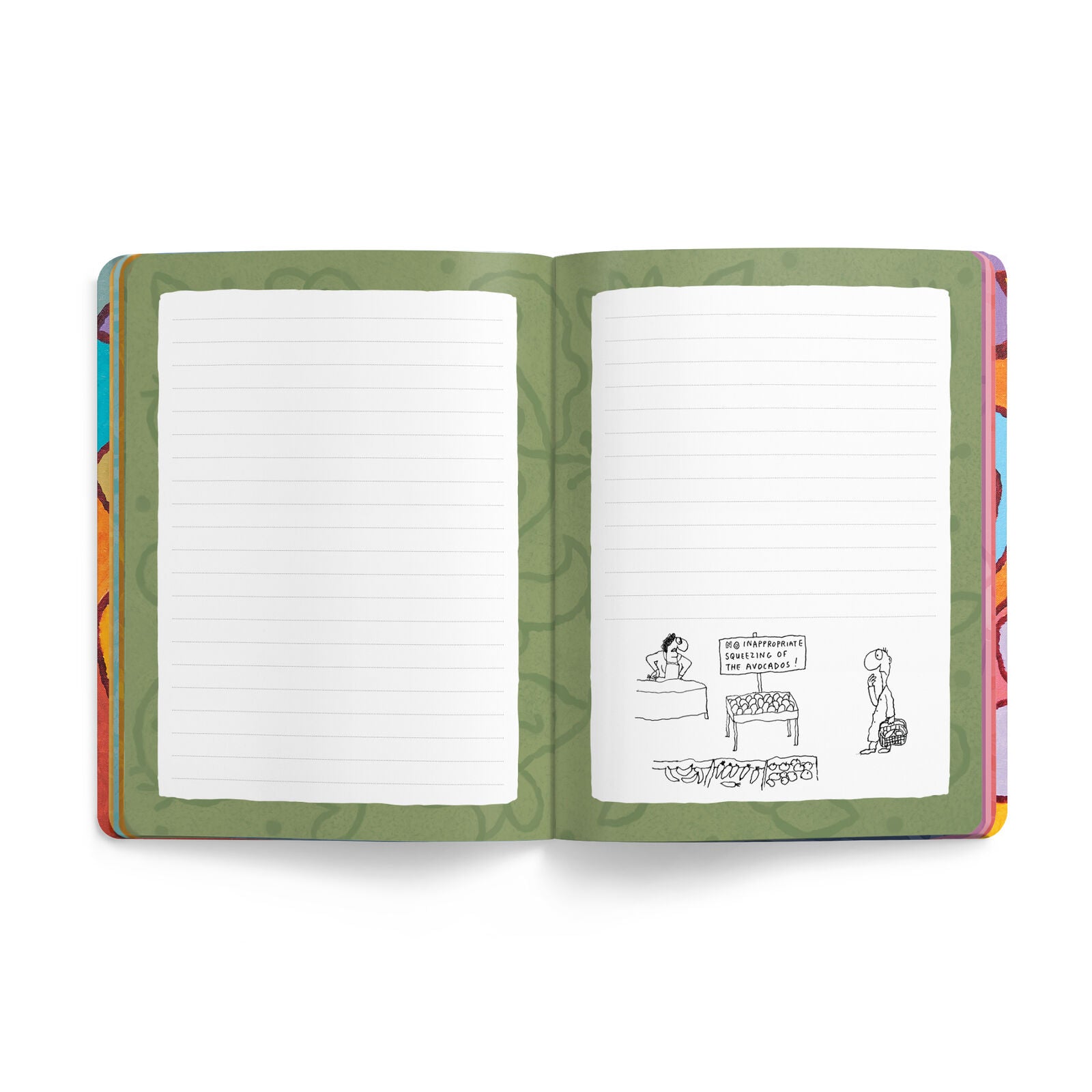 An open lined notebook with a sage green patterned cover, showing blank white pages on the left and a small black cartoon drawing on the right, photographed on a clean white background.