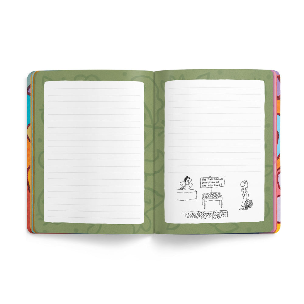 An open lined notebook with a sage green patterned cover, showing blank white pages on the left and a small black cartoon drawing on the right, photographed on a clean white background.