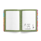 An open lined notebook with a sage green patterned cover, showing blank white pages on the left and a small black cartoon drawing on the right, photographed on a clean white background.