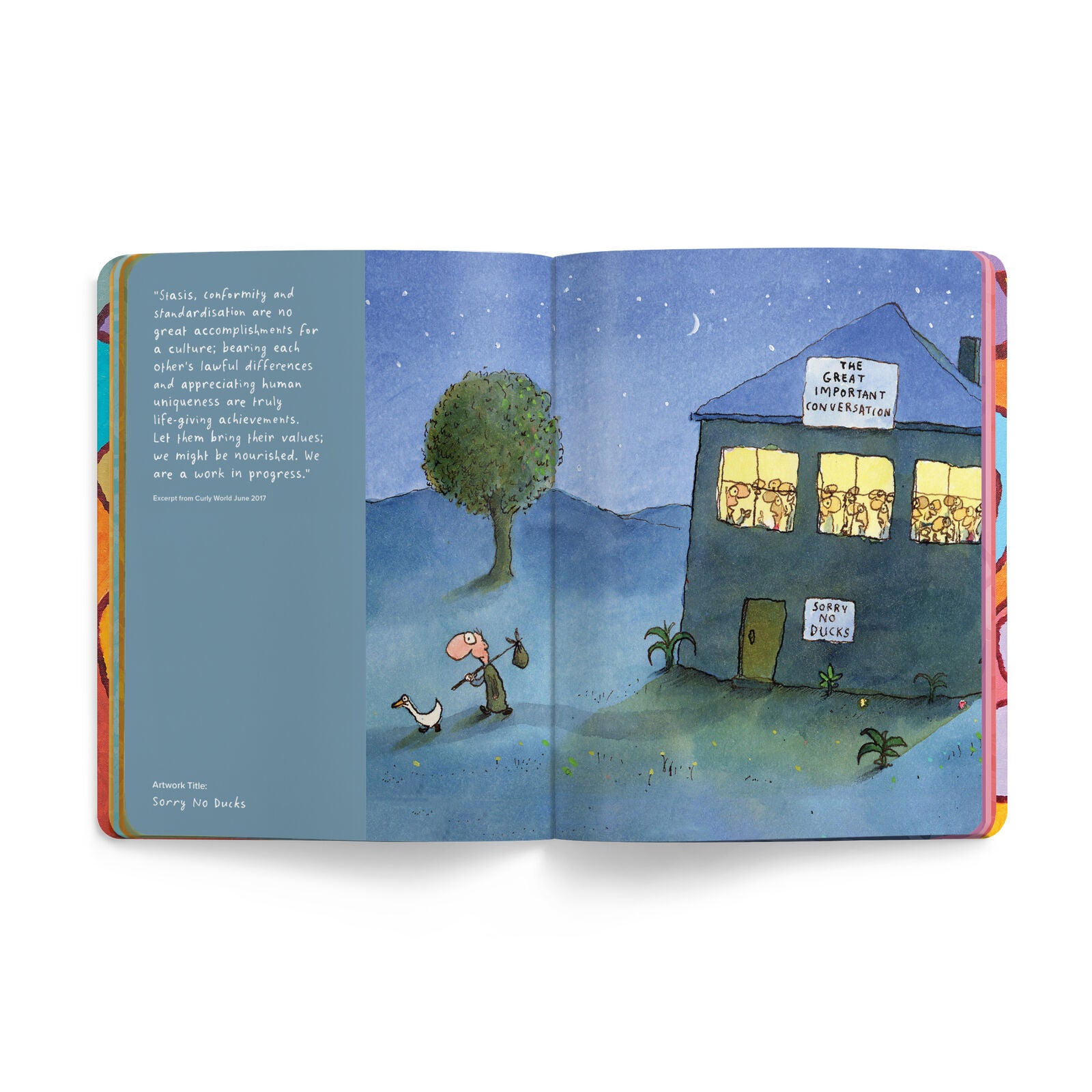 An open illustrated book spread showing a whimsical night scene with a house, tree, and two children. The left page has a blue panel with a quote, and the right page shows the illustrated scene with a house labeled 'The Great Important Institution' and a sign reading 'Sorry, We're Busy.