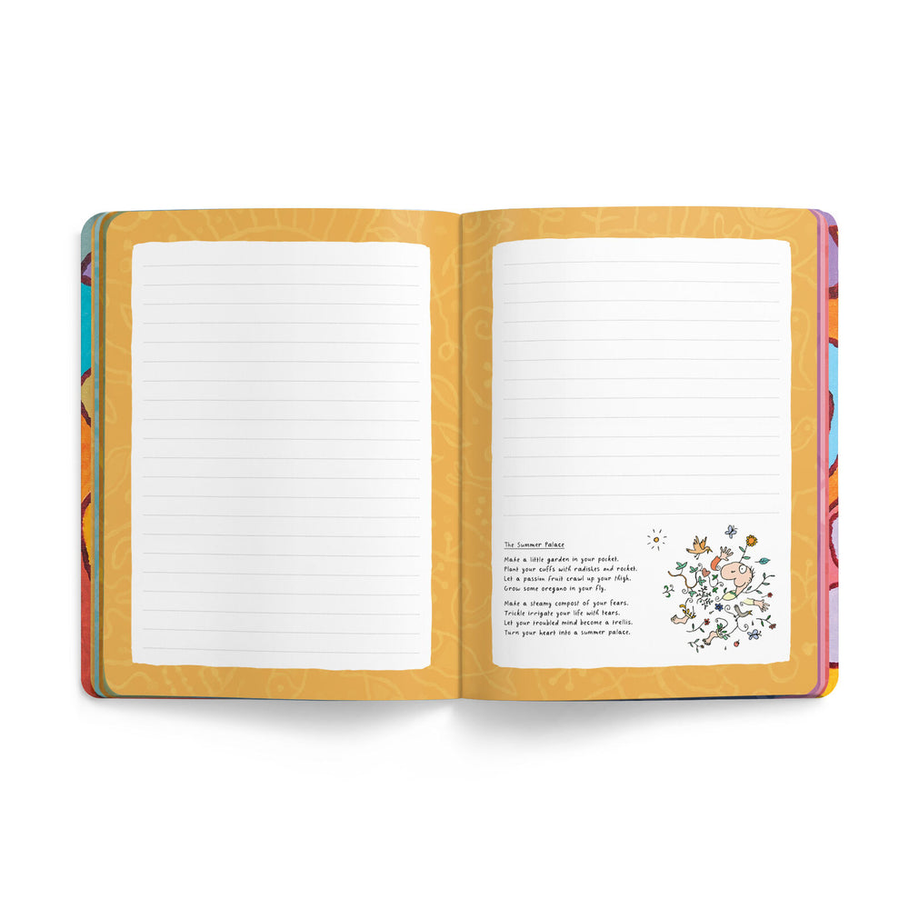 An open notebook or journal shown from the inside, with two blank lined pages on the left and a printed message page on the right. The pages are white with fine gray lines, set in a warm mustard-yellow cover with colorful patterned edges visible on both sides.