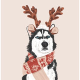A stylized illustration of a husky dog with brown reindeer antlers and a red patterned scarf, centered on a light beige background.