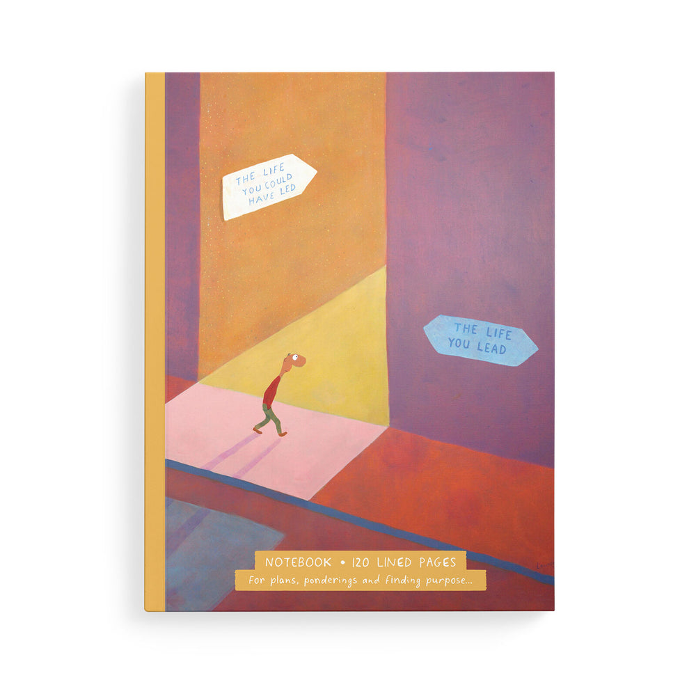A colourful art work with a little figure walking though a corridor with signs leading in different ways.