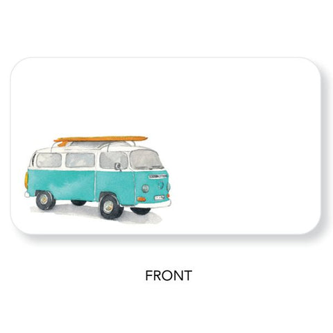 Teal van with a surfboard on a white background