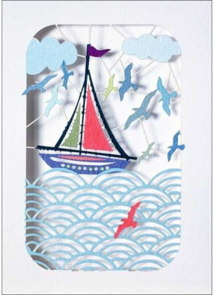 Card with a sailboat, seagulls, and wavy lines on a white background