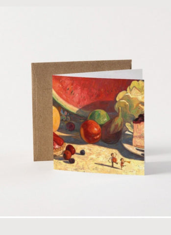 Greeting card with a painting of fruits and a child on a white background