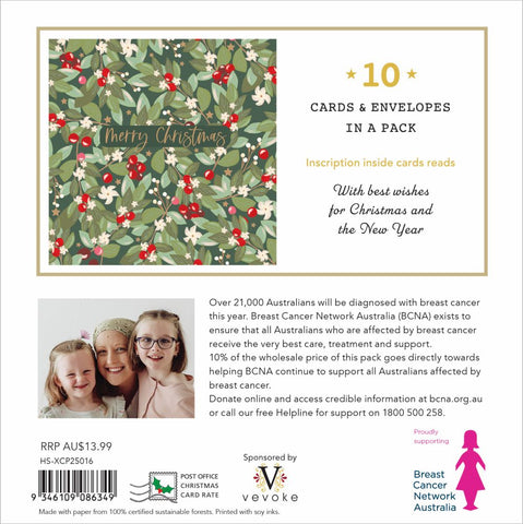 Packaging of Christmas cards with a floral design and text about Breast Cancer Network Australia.