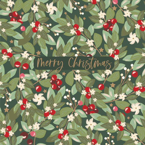 Merry Christmas pattern with green leaves, red berries, and white flowers on a dark green background.