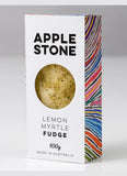 Box of Apple Stone Lemon Myrtle Fudge with colorful design on a gray background
