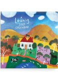 A colorful illustrated calendar cover reading 'Leÿnig 2027 CALENDAR' over a stylized landscape with hills, trees, a house, animals, and people. The artwork is richly multicolored with blue sky, green foreground, yellow and orange hills, and purple areas.