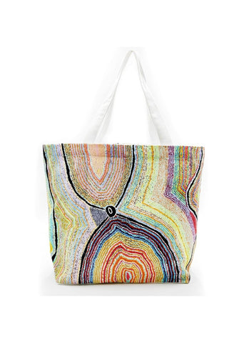 Tote bag with a colorful agate slice pattern on a white background