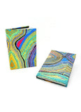 Two colorful patterned notebooks on a white background