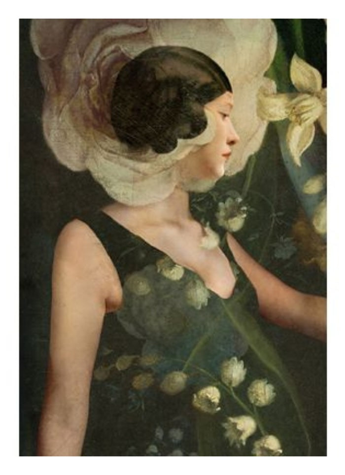 Woman with a floral headpiece and dress surrounded by flowers