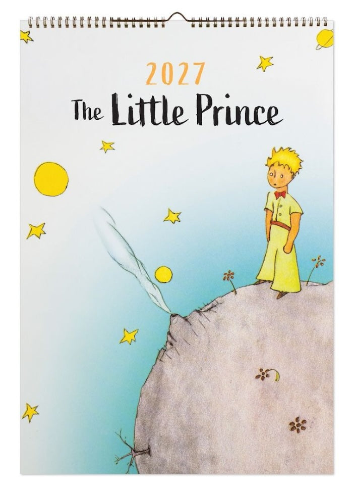 2027 The Little Prince calendar with illustration of a boy on a rock with a starry sky.
