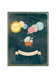 Illustration of a baby in a stroller surrounded by colorful planets and stars with 'Welcome Little Star' text.