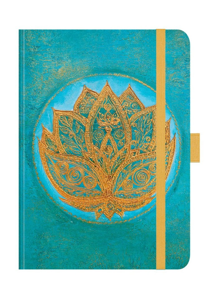 Journal with gold lotus design on a blue background