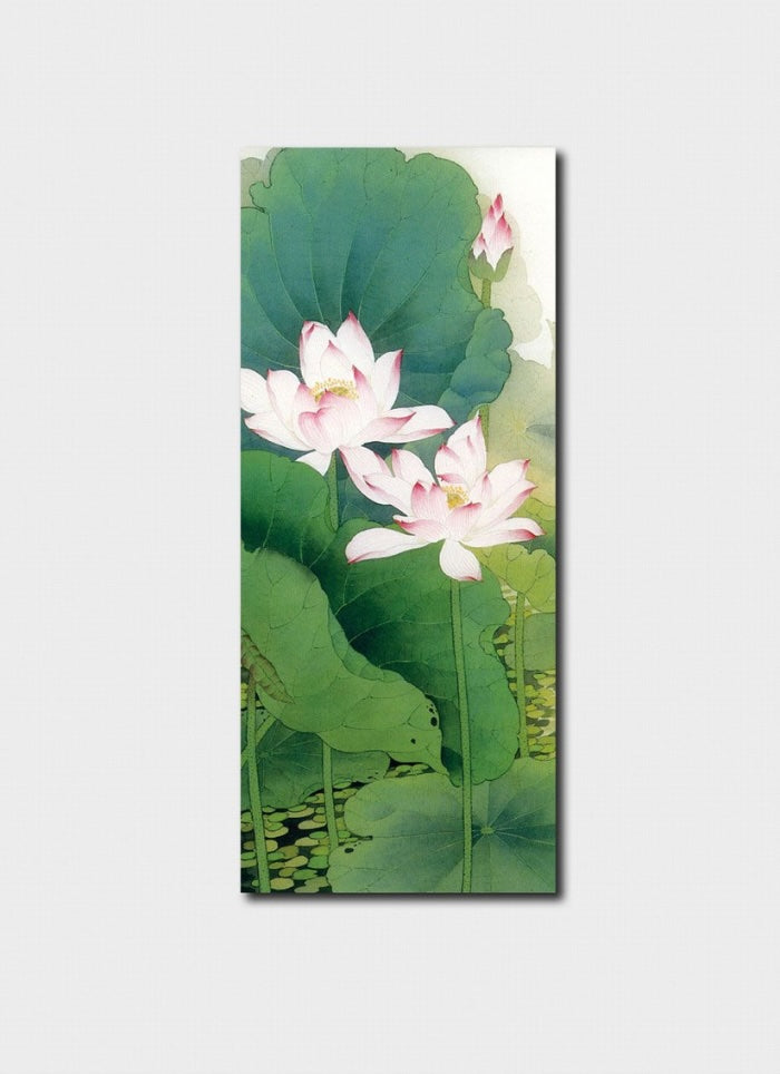A painting of open pink lotus flowers on a background of green lilies