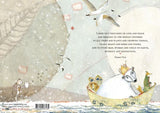 Illustration of animals in a boat with a snowy landscape and text about love, peace, and healing.