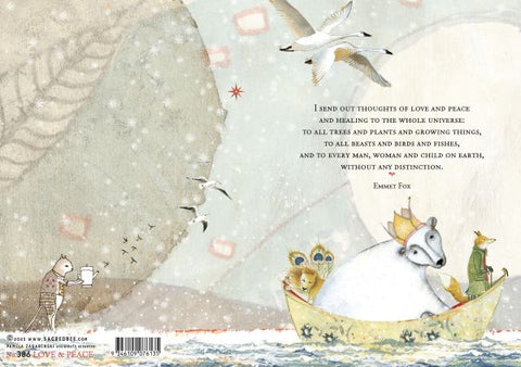 Illustration of animals in a boat with a snowy landscape and text about love, peace, and healing.