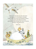 Illustration of animals in a boat with a quote by Emmet Fox on a light background