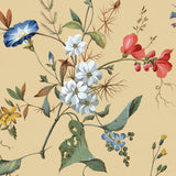 Floral pattern with blue, white, and red flowers on a beige background