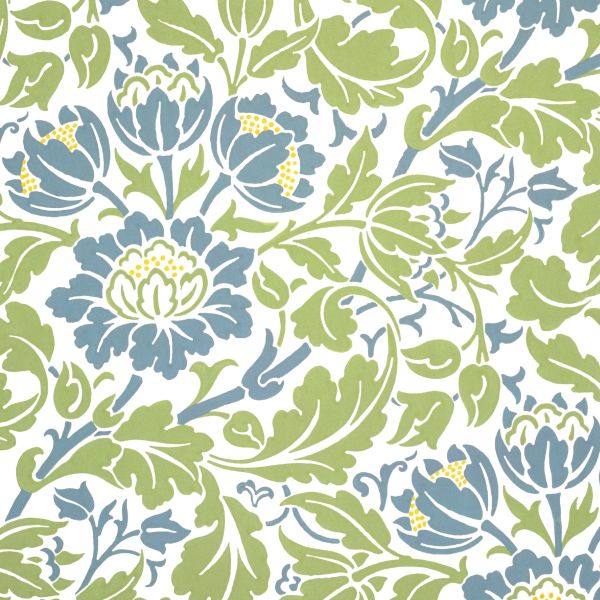 Floral pattern with blue and green flowers on a white background