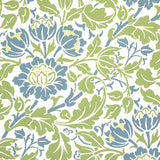 Floral pattern with blue and green flowers on a white background