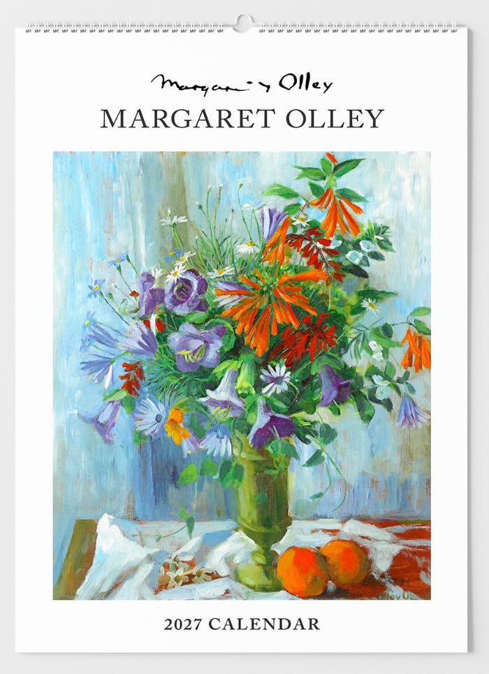 2027 Margaret Olley calendar with a painting of flowers and fruits on a table.