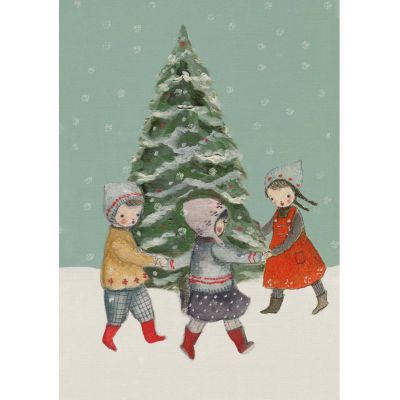 A vintage card with a Christmas tree and 3 children holding hands and dancing around it with hats on