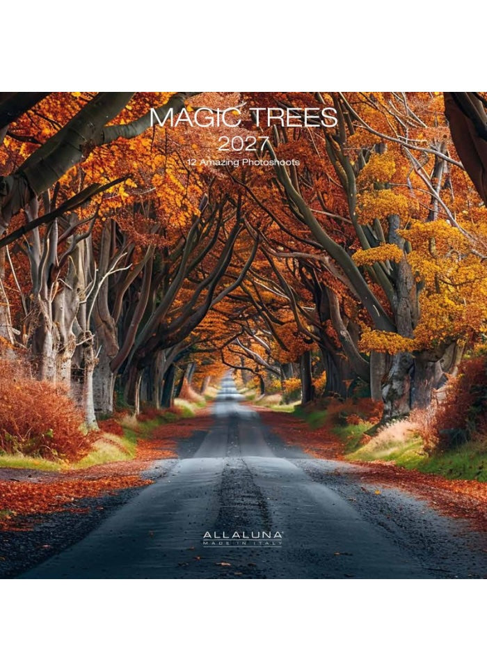 Calendar cover with a scenic road flanked by trees with autumn foliage, featuring the brand 'Allaluna'.
