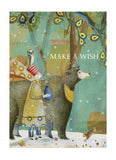 Illustration of a bear and a person in a forest with 'MAKE A WISH' text.