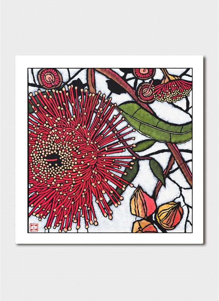 Print of a native blossom on a gum tree in red with green leaves