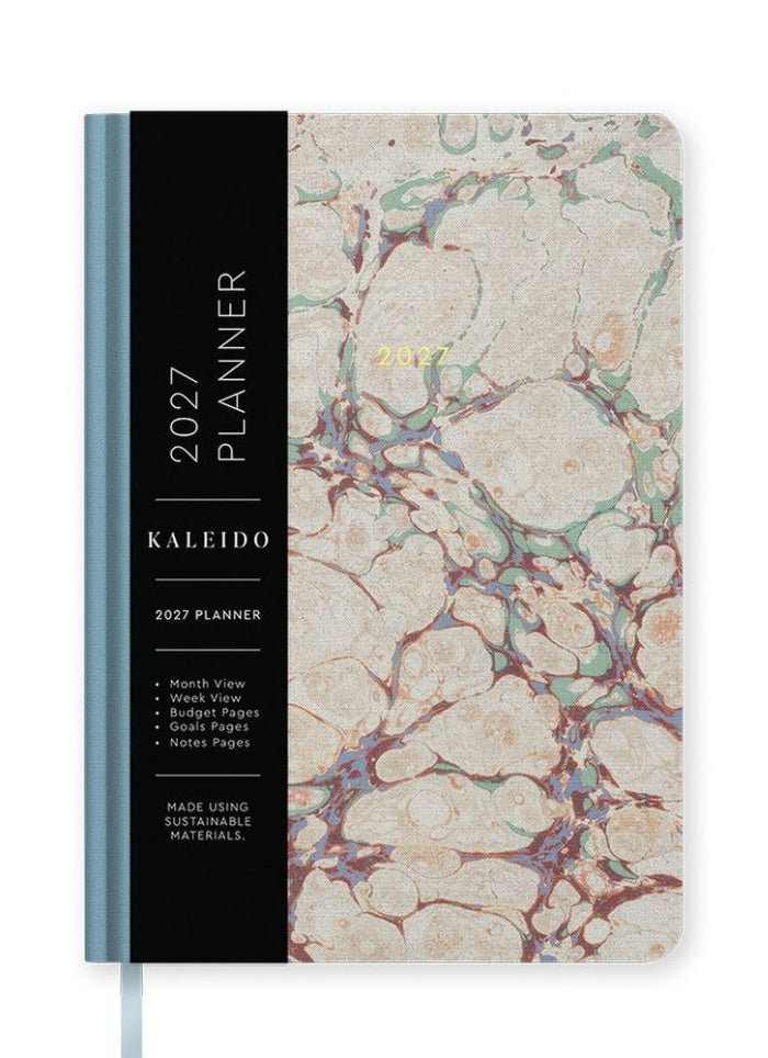2027 planner with marble design and black text on a white background
